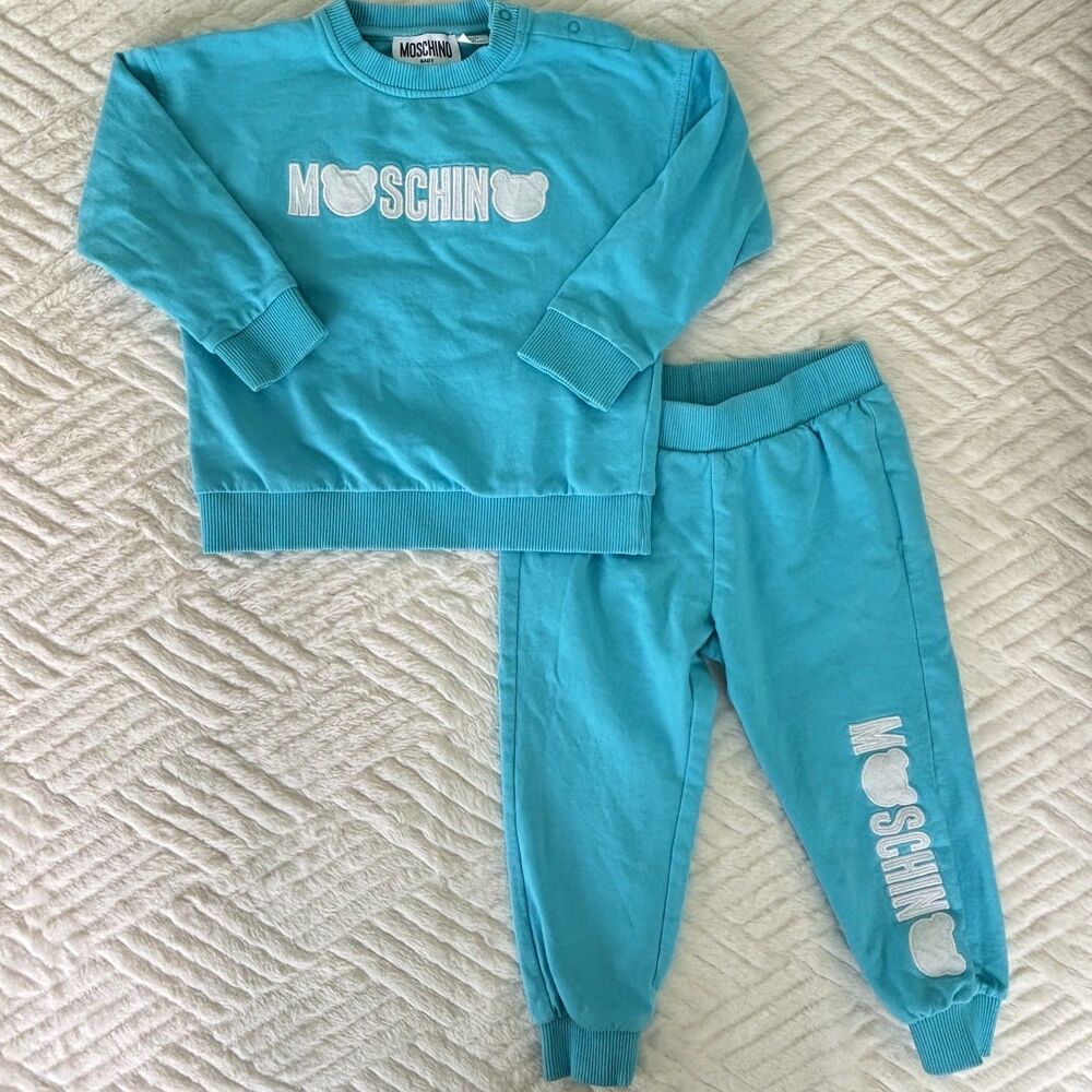 Moschino Baby Size 18-24M Blue Teddy Logo Sweatshirt Jogger Tracksuit 2PC Set